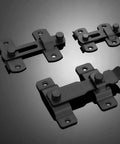 Matte Black Stainless Steel Barn Door Latch 4.33 By 3.23 Inch shown in different angles and sizes on dark background