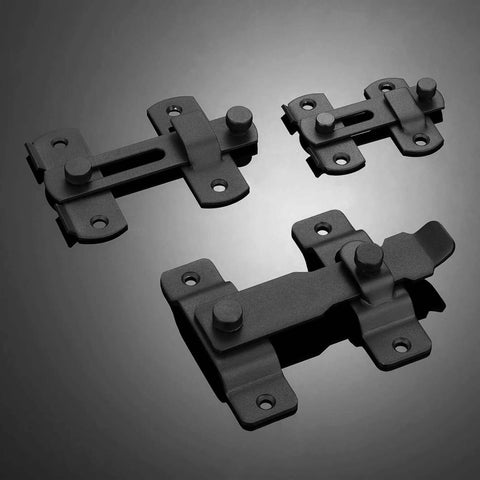 Matte Black Stainless Steel Barn Door Latch 4.33 By 3.23 Inch shown in different angles and sizes on dark background