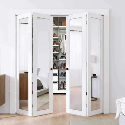Mirror Bifold Closet Doors Set With Sliding Hardware Kit For 72 Inch Wide By 80 Inch High, Two 18 Inch Panels, White MDF Frame