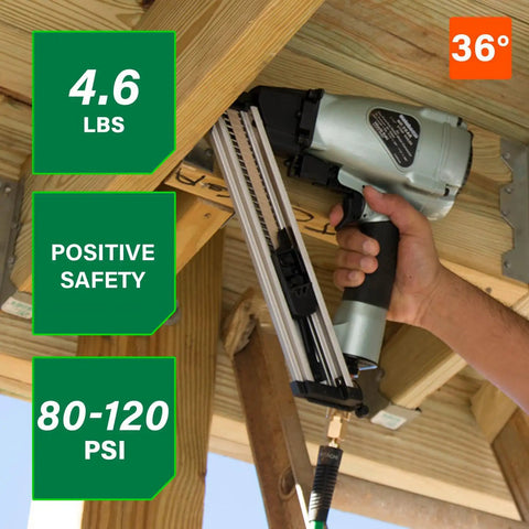 Using Strap Tite Fastening System Strip Nailer For Wood And Metal Connectors, Pro Preferred Pneumatic Nailer With Thirty Six Degree Magazine, Lightweight At About Four Point Six Pounds, Accepts One And A Half Inch Connector Nails, NR38AK on wood structure