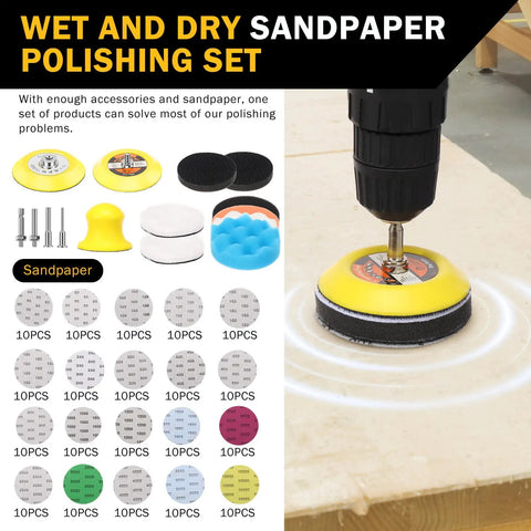 All In One Pro Grade Drill Polishing Kit For DIYers With 215 Pcs 3 Inch Wet Dry Sandpaper Grit 60 To 10000 Buffing Pads