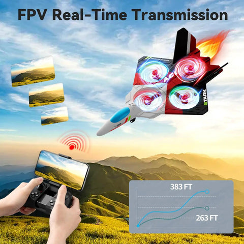 RC Plane With 1080P Camera For Adults And Kids, FPV Live View, red fighter jet glider with phone controller in mountain setting