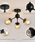 Diagram of Three Light Glass Globe Chandelier Matte Black Nordic Style Semi Flush Mount Ceiling Fixture highlighting features.