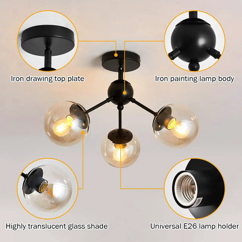 Diagram of Three Light Glass Globe Chandelier Matte Black Nordic Style Semi Flush Mount Ceiling Fixture highlighting features.