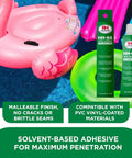Pro Grade Toluene Free Vinyl Cement 1 Oz Adhesive For PVC And Vinyl Repairs next to inflatable pool float on water