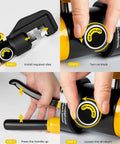 Steps to operate 10 Ton Hydraulic Crimping Tool For Battery Cables And Lug Terminals With 9 Dies, including install and knob operation.