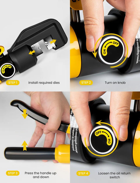 Steps to operate 10 Ton Hydraulic Crimping Tool For Battery Cables And Lug Terminals With 9 Dies, including install and knob operation.