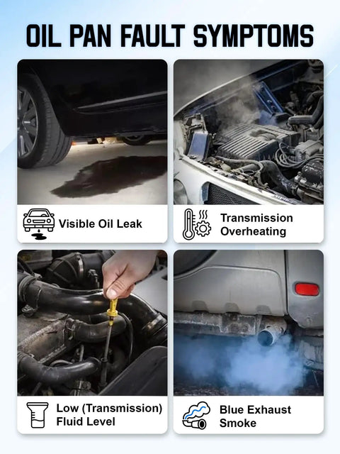 Oil pan fault symptoms graphic for Transmission Oil Pan Heavy Duty Kit With Gasket For 8 Speed Automatic Transmissions 265 850 Built In Filter Drain Plug Oil Fill Plug Includes 13 Screws Fits 2013 2021 Dodge Chrysler Jeep Ram Vehicles