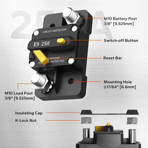 250A DC Circuit Breaker For LiFePO4 Batteries No Hassle Install Auto Marine And Solar Power Protection Rugged Wide Compatibility For Cars Boats And RVs Built For Tough Environments with labeled components.