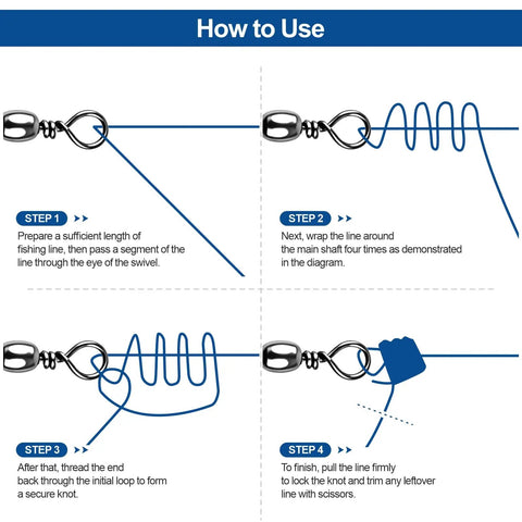 No More Line Twists With Ball Bearing Fishing Swivels, Anti Tangling Design With 360 Rotation, Quick Connect Safety Snaps, Saltwater And Freshwater Ready, 200 Pack For Smooth Casting And Trouble Free Retrieval. How-to-use diagram of metal fishing swivel knot steps