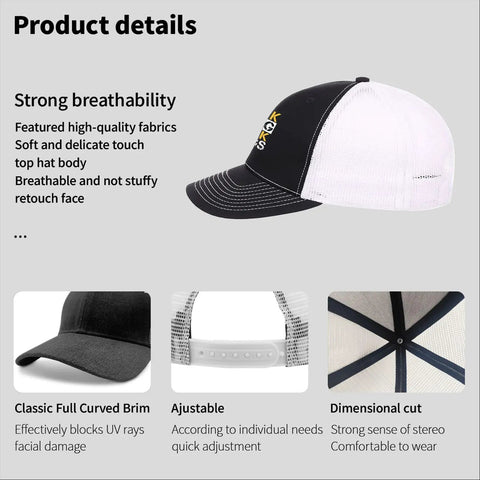 Casual Yet Bold Breathable Trucker Hat For Women And Boys Adjustable Buckle Fit featuring black mesh and white back