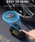 Portable Tire Inflator Air Pump for Cars Trucks SUVs Motorcycles and Bicycles with digital gauge display beside car tire