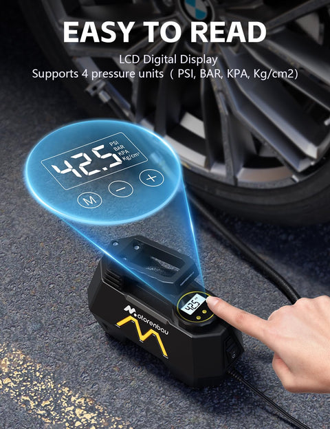 Portable Tire Inflator Air Pump for Cars Trucks SUVs Motorcycles and Bicycles with digital gauge display beside car tire