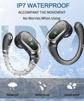 Bluetooth 5.4 Auto Connect Sport Earbuds With 60 Hours Playtime showing IPX7 waterproof feature with water splashes.