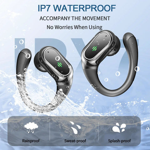 Bluetooth 5.4 Auto Connect Sport Earbuds With 60 Hours Playtime showing IPX7 waterproof feature with water splashes.