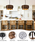 XSDeTu Farmhouse Metal Pendant Light, 2‑Tier Chandeliers for Dining Room above a modern kitchen island with woven chairs.