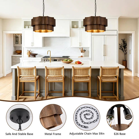 XSDeTu Farmhouse Metal Pendant Light, 2‑Tier Chandeliers for Dining Room above a modern kitchen island with woven chairs.