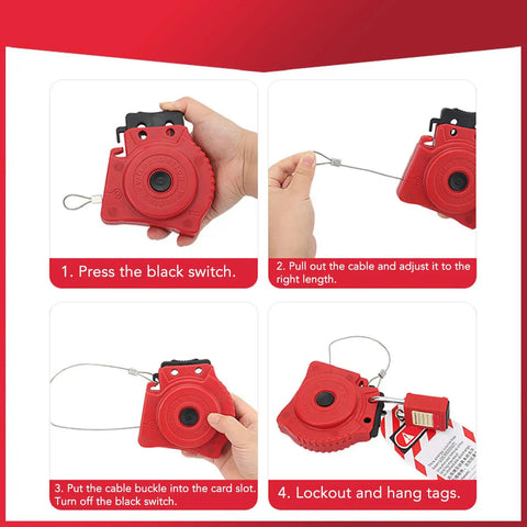 Guide showing steps to use Pro Grade Lockout Tagout Cable Lock With Stainless Steel 2mm Retractable Cable Adjustable Lockout Device