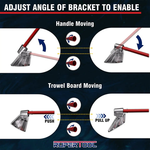 Diagram showing adjustable bracket and handle movement of Aluminum Magnesium Alloy Concrete Float Workhorse With Round End And Adjustable Bracket 48 By 8 Inch Finish Tool With 56 Inch Extendable Handles Four Piece Screeding And Finishing Kit For Smooth Fast High Quality Results