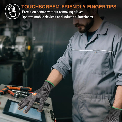 Man wearing Tough as Nails A9 Cut Resistant Work Gloves For Men, Touchscreen Compatible, in a workshop using a tablet.