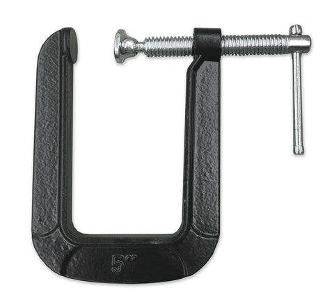 5 Inch Deep Throat U Clamp With About Two To Three Quarter Inch Jaw Opening And Five And A Half Inch Throat Depth, Malleable Steel Construction, Powder Coat Finish For Rust Resistance, Sliding T Handle For A Tight Grip, Lightweight 1.6 Lb. 5-inch U clamp shown front view