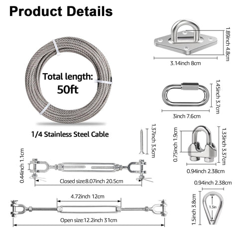Beefed Up Heavy Duty One Quarter Inch Wire Rope Kit features 50 ft stainless cable and mounting hardware for shade sails