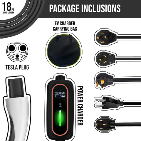 Tesla Portable Mobile Charger 32A Adjustable Amperage With Nacs J1772 Adapter Scheduled Smart Plug Touchscreen Display components.
