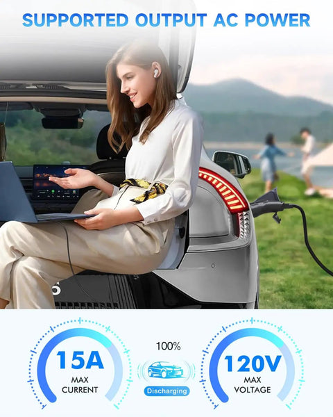 Woman using laptop at an outdoor camp setting with Vehicle To Load Adapter For Hyundai Ioniq 5 Ioniq 6 And Kia EV6.