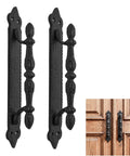 Heavy Duty Cast Iron Door Pull Handles Set Of 2 In Rustic Black With Colonial Victorian Style installed on wooden doors