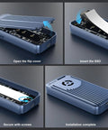 Premium 80Gbps M.2 Nvme Enclosure Featuring Active Cooling Fan And Thunderbolt 5 Usb4 V2.0 Support showing installation steps with SSD