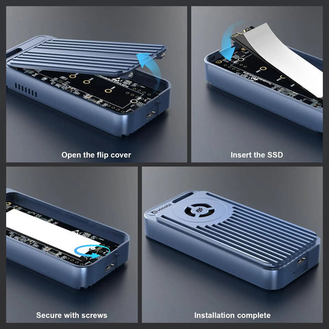 Premium 80Gbps M.2 Nvme Enclosure Featuring Active Cooling Fan And Thunderbolt 5 Usb4 V2.0 Support showing installation steps with SSD