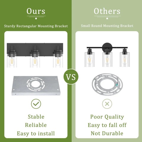 Comparison of Three Light Matte Black Vanity Light With Clear Glass Shades mounting brackets, rectangular vs round.