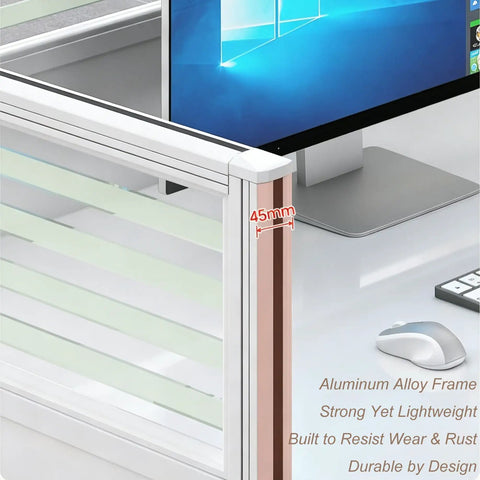 Close-up of aluminum alloy frame at 45mm thickness for Boss Tier Modular Office Cubicle Workstation Desk Featuring Tempered Glass Privacy Panels And No Stress Usb Charging Hub Plus Lockable Rolling Storage Cabinet With Sleek Cable Management For Seamless Team Collaboration.