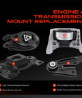 Straight Up Heavy Duty Engine Motor And Transmission Mount Kit With Solid Torque Strut For Mazda 3 2010 To 2013 And Mazda 5 2012 To 2015 Automatic Transmission showing four transmission mounts.