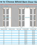 Diagram of choosing bifold barn door size, featuring No Fuss Space Saver 30 By 84 Inch Bifold Sliding Barn Door with size chart.