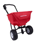 Commercial Walk-Behind Broadcast Spreader With 65 Lb Capacity, red hopper, 10 inch pneumatic tires, side spread control, lawn care tool