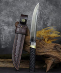 Tactical Wakizashi Full Tang Fixed Blade Knife, 14-Inch DLC Coated Sleipner Steel with leather sheath and G10 handle on display