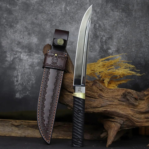 Tactical Wakizashi Full Tang Fixed Blade Knife, 14-Inch DLC Coated Sleipner Steel with leather sheath and G10 handle on display
