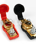 Top Post Brass Quick Release Battery Terminal Clamps Set For Auto Truck Caravan RV And Boat Applications Red Positive Black Negative Cable Connectors Easy Install Battery Lugs For Reliable Power And A Solid Connection For Your Ride showing red and black clamps