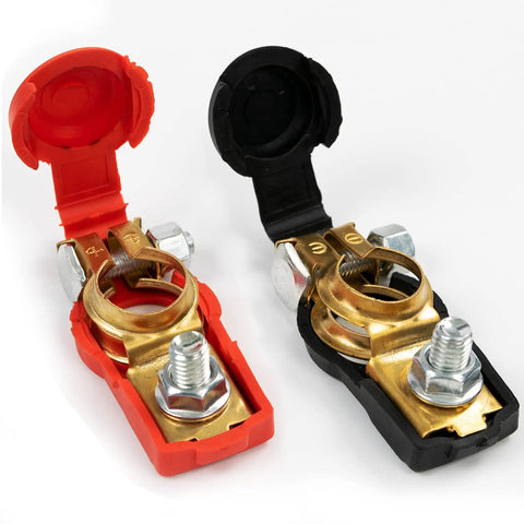 Top Post Brass Quick Release Battery Terminal Clamps Set For Auto Truck Caravan RV And Boat Applications Red Positive Black Negative Cable Connectors Easy Install Battery Lugs For Reliable Power And A Solid Connection For Your Ride showing red and black clamps