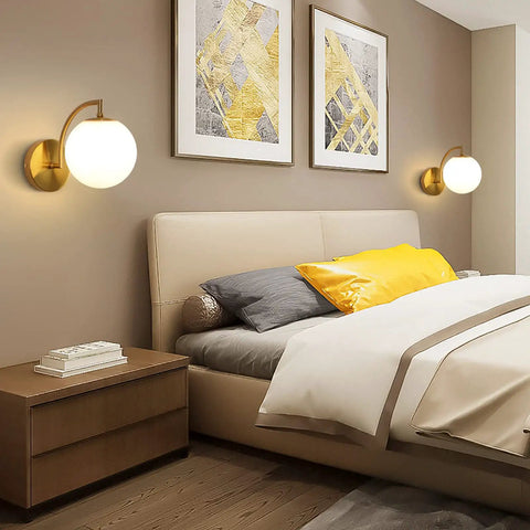 Mid Century Gold Wall Sconce Set Of Two With Milky Globe Shade Brass Finish Bedside Wall Lamps For Home Decor Modern Style
