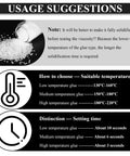 Heavy Duty Hot Melt Edgebander Glue Pellets for Cabinetry, usage suggestions on viscosity and temperature, clear instructions.