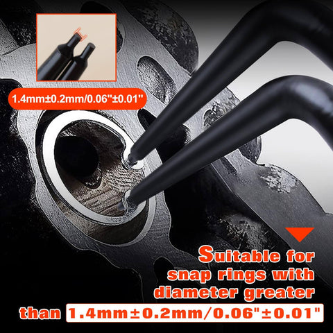 Internal Master Cylinder Snap Ring Pliers 90 Degree Long Nose Pliers used on a snap ring, close-up view