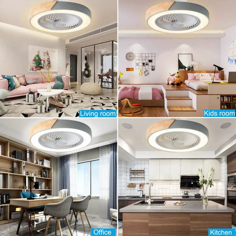 20 Inch Modern Wood Ceiling Fan With Light And Remote in living room, kids room, office, and kitchen settings.