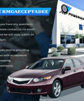 Car parked in front of Powergear building, overlay text about contact and customer service.