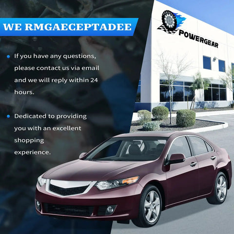 Car parked in front of Powergear building, overlay text about contact and customer service.