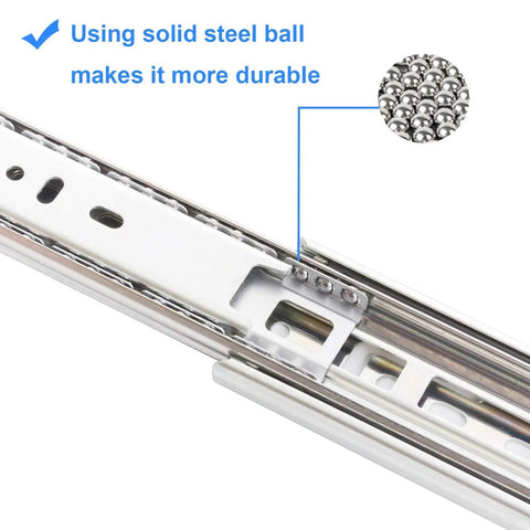 Close-up of Beefy Six Pairs Of 22 Inch Full Extension Side Mount Drawer Slides With Ball Bearings, Heavy Duty 100 Lb Load Capacity, Rust Resistant