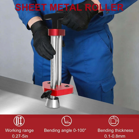 Adjustable 0 To 100 Degrees Sheet Metal Bender Roller With Quick Setup For 7 To 130 mm Bends in red, ergonomic design, being used.