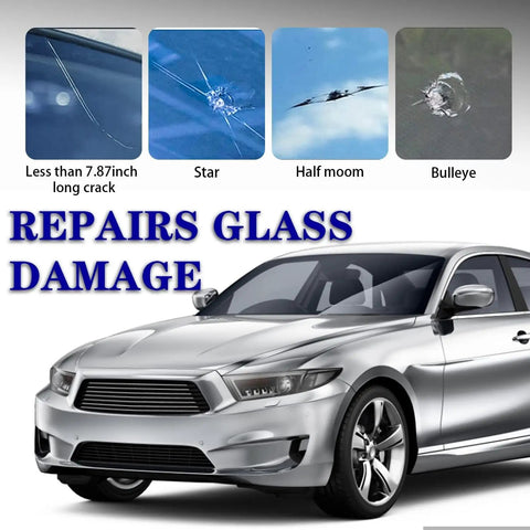 Windshield Repair Kit Two Piece Car Glass Fix Set With Nano Resin Filler for Chips and Cracks Quick Fix showing damage types.