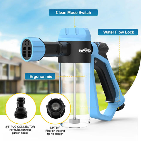 Front view of the All In One Foam Cannon Car Wash Kit With Garden Hose Gun, Thick Foam Gun For Home Detailing, Blue